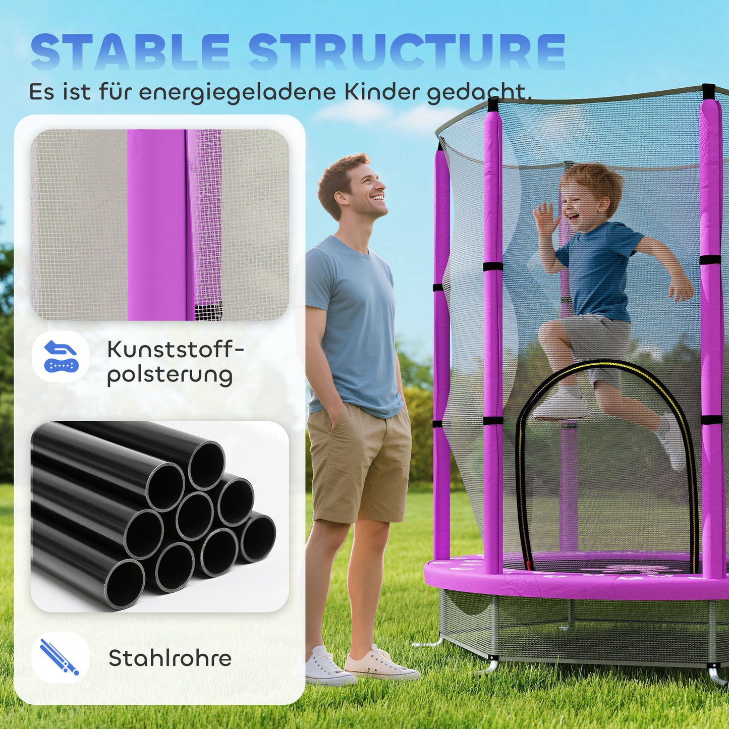 AIYAPLAY Kindertrampolin mit Sicherheitsnetz, für den Innen- und Außenbereich, 3-6 Jahre, Violett