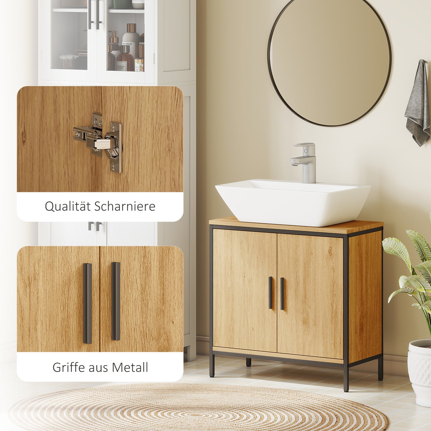 HOMCOM Waschbeckenunterschrank, Unterschrank mit 2 Türen, einstellbarem Regal, 60x30x60 cm Badezimmerschrank mit Stahlrahmen, für Waschbecken ohne Sockel, Eiche