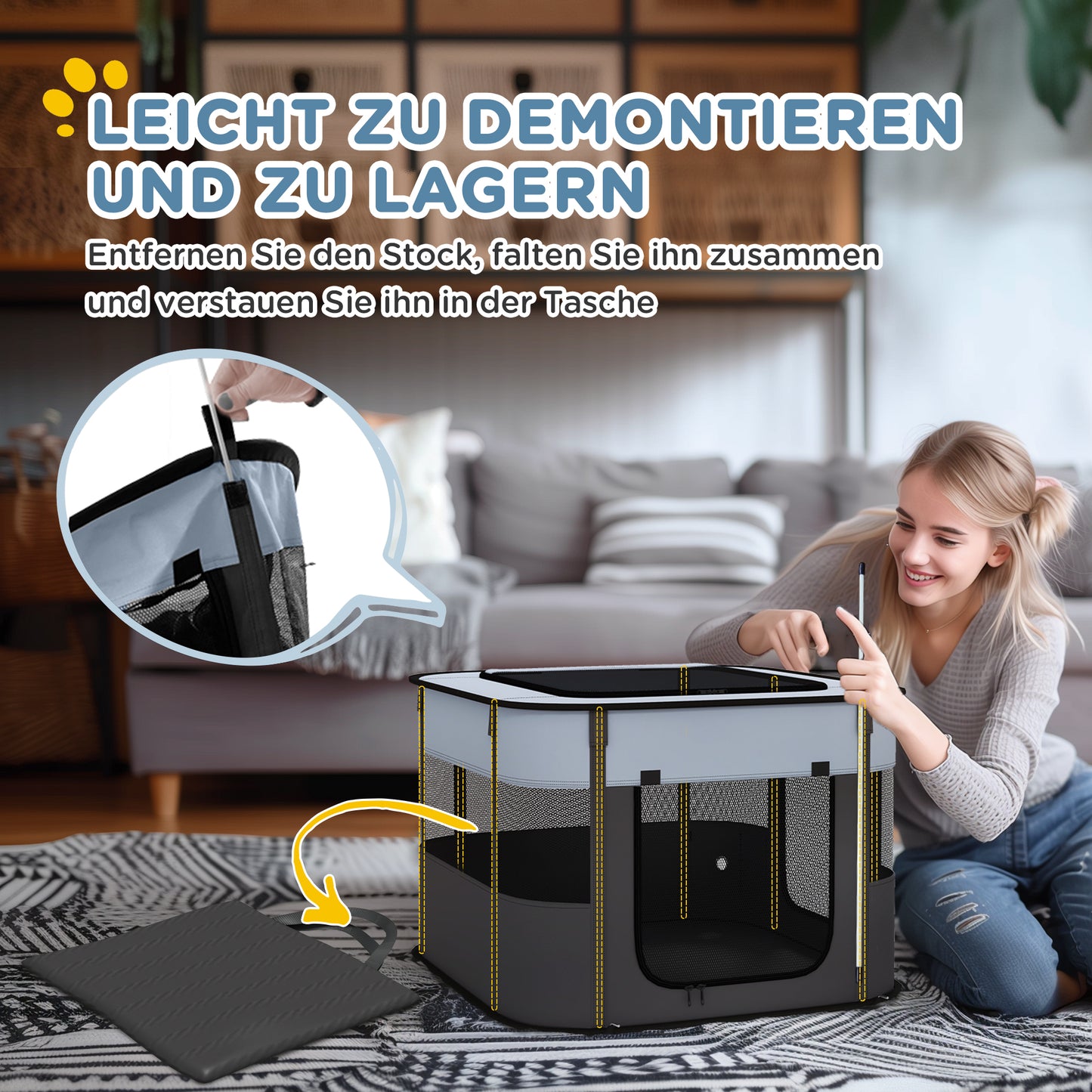 PawHut Spielgehege für Haustiere, faltbar, mit Aufbewahrungstasche, für Welpen und Kätzchen, drinnen und draußen, Grau