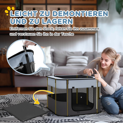 PawHut Spielgehege für Haustiere, faltbar, mit Aufbewahrungstasche, für Welpen und Kätzchen, drinnen und draußen, Grau