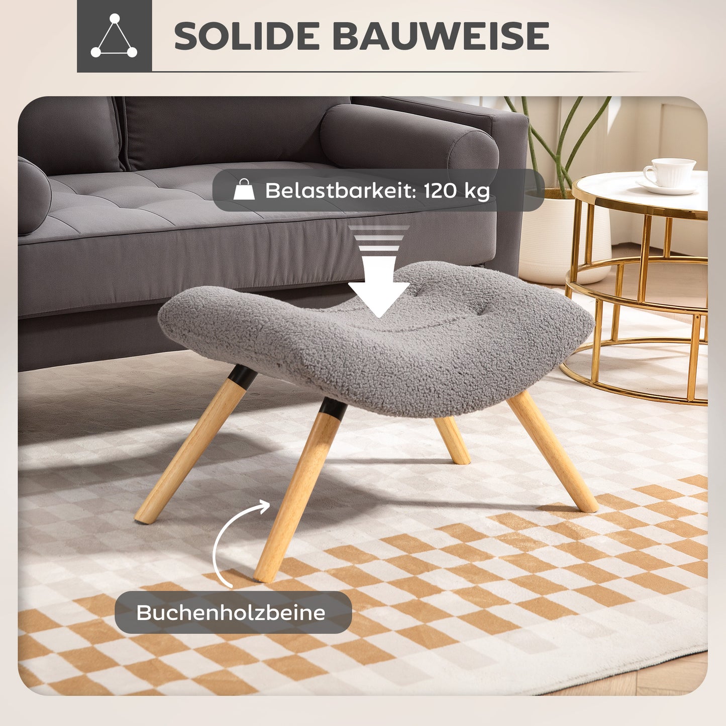 HOMCOM Moderner Fußhocker mit Fleece-Bezug und Holzbeinen, gepolstert, für Wohnzimmer, Schlafzimmer, Flur, Hellgrau