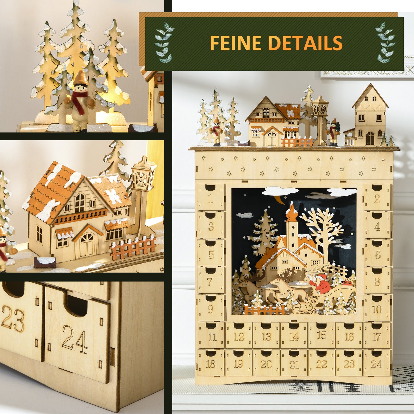 HOMCOM Adventskalender zum Befüllen 24 Schubladen Fächer Weihnachtskalender mit LED-Lichtern Naturholz 36 x 9 x 52 cm