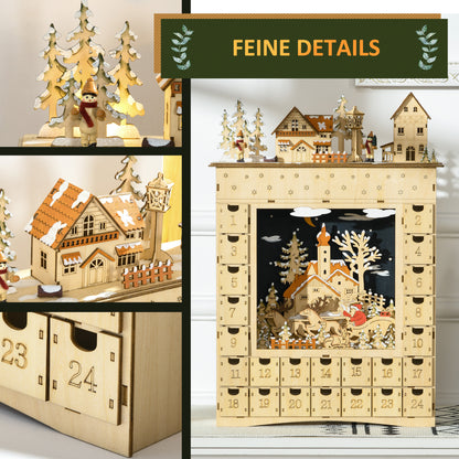 HOMCOM Adventskalender zum Befüllen 24 Schubladen Fächer Weihnachtskalender mit LED-Lichtern Naturholz 36 x 9 x 52 cm