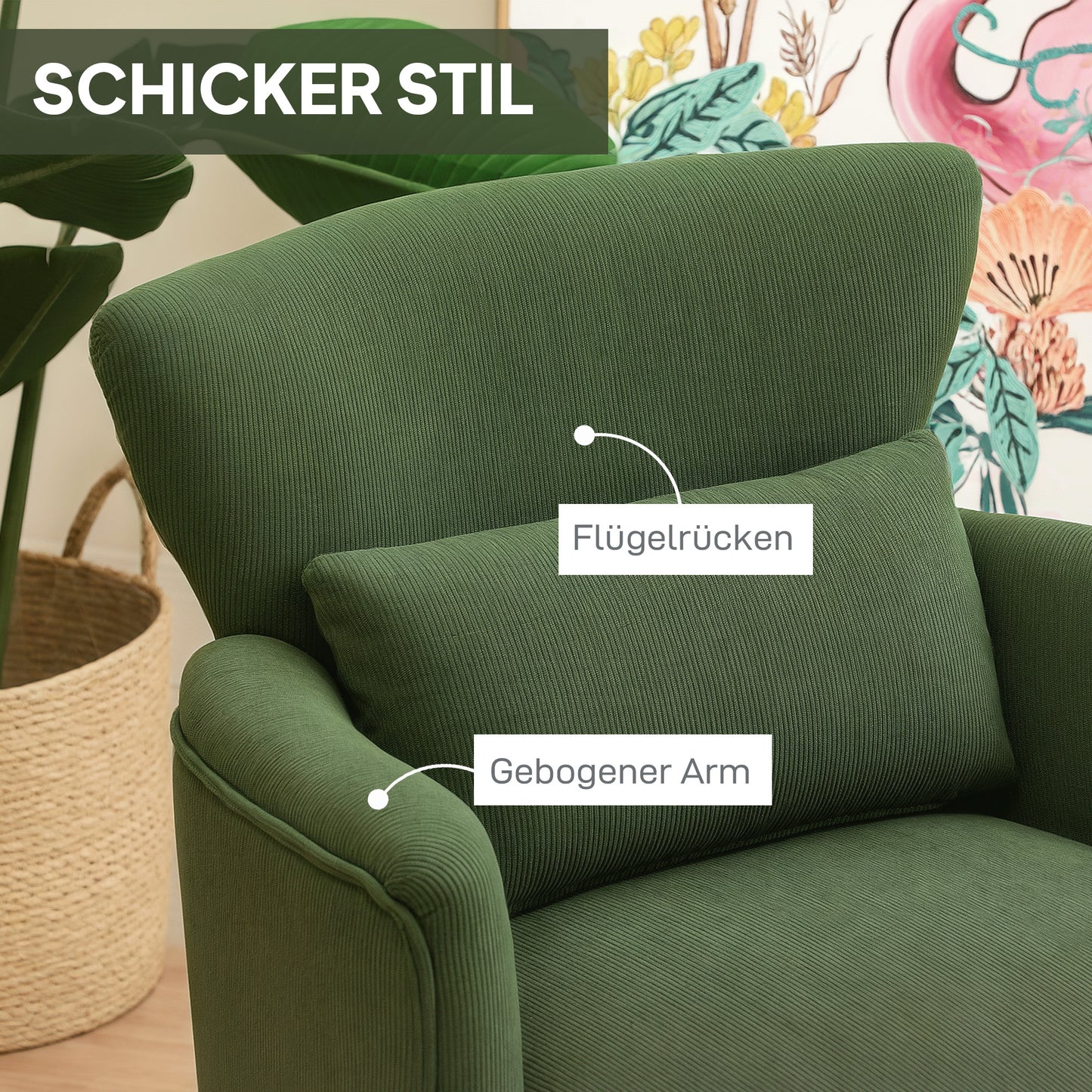 HOMCOM Moderner Armlehnstuhl, Gepolsterter Akzentstuhl mit Lendenkissen, Grün