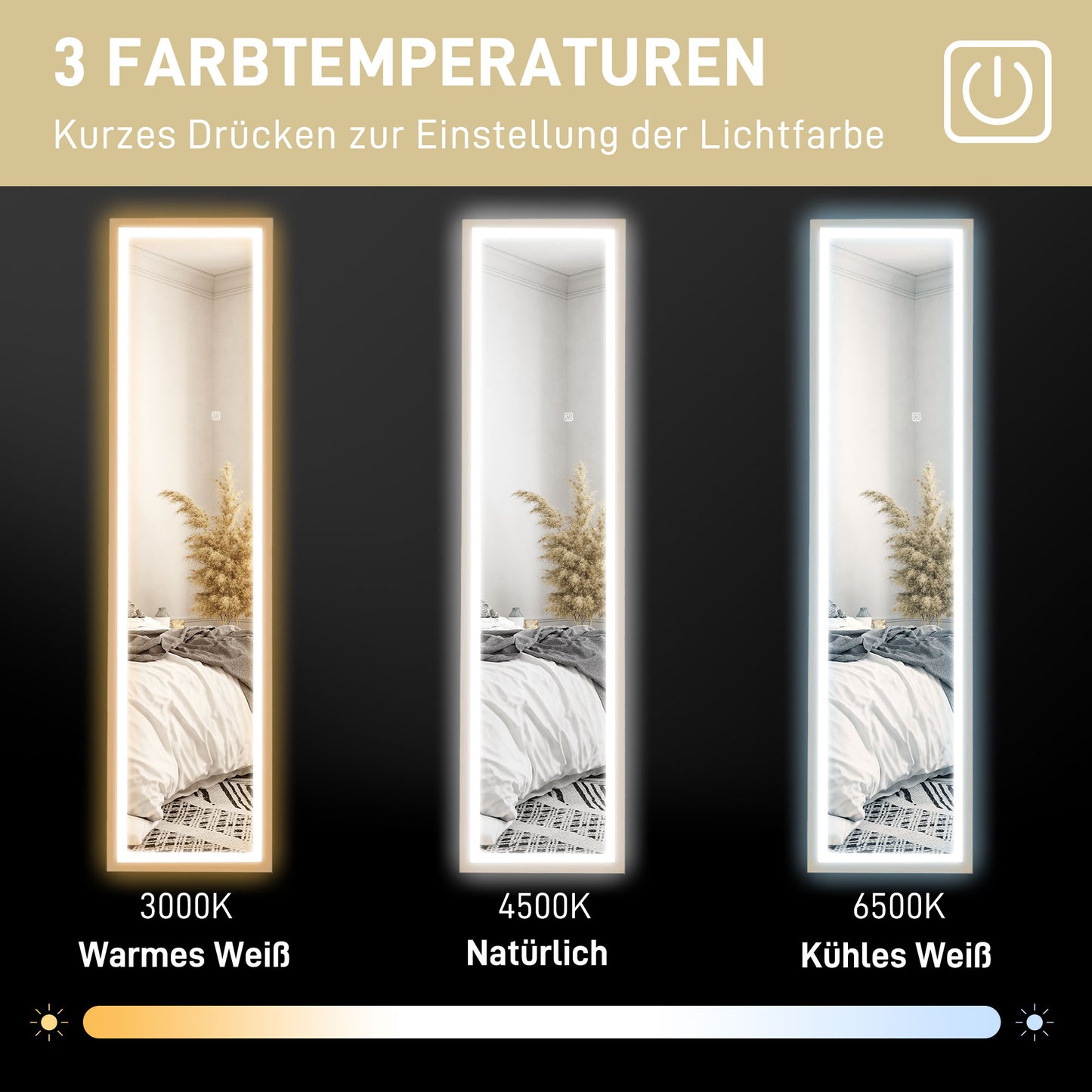 HOMCOM LED Ganzkörperspiegel, 40 x 160 cm, Touch-Steuerung, dimmbar, 3 Farben, Eiche