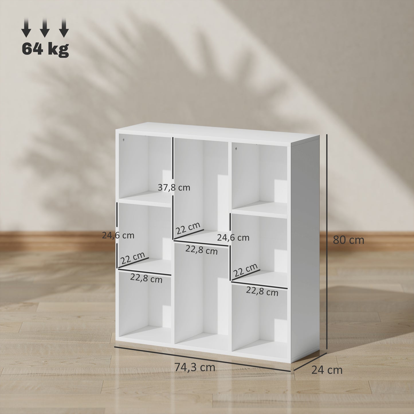 HOMCOM 3-Ebenen-Bücherregal, 8 Fächer, Spanplatte, Aufbewahrungsregal, Weiß