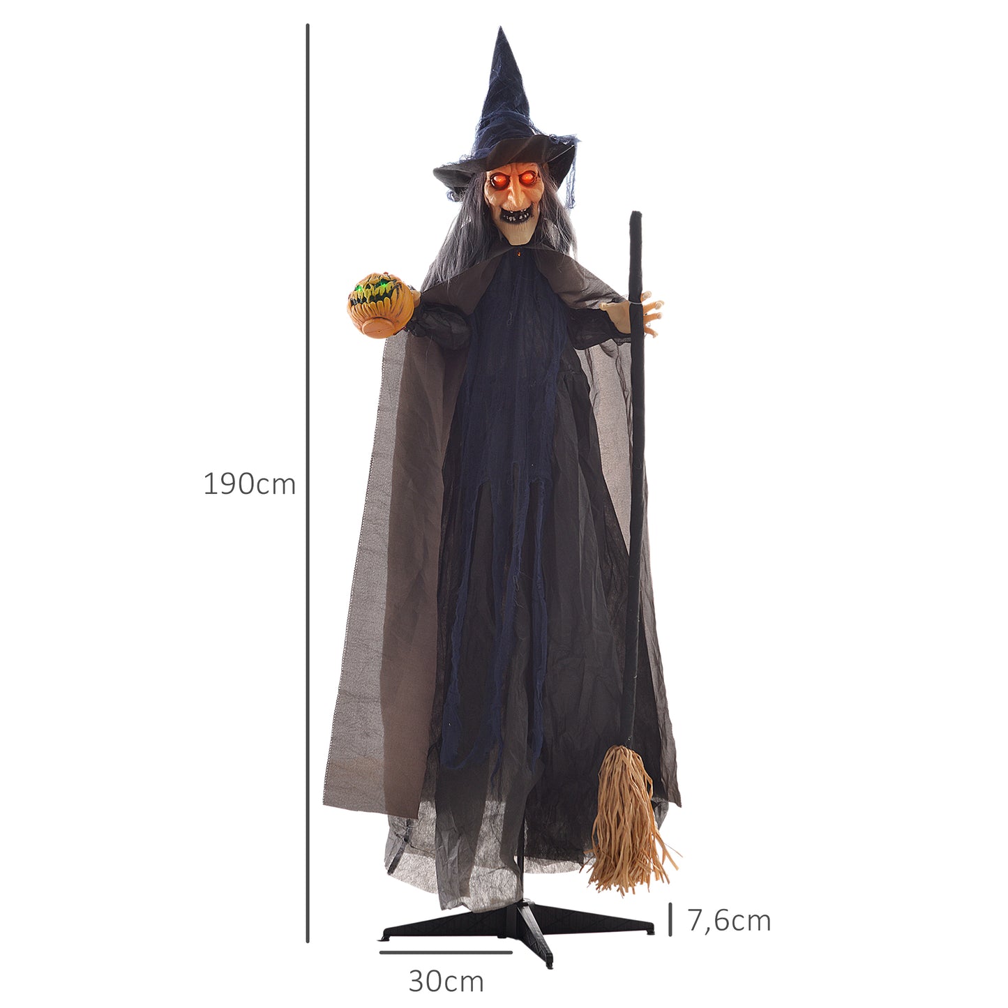 HOMCOM Halloweendekoration Hexe mit Besen, leuchtende Augen, gruselige Geräusche, biegsame Arme, 107x65x190 cm