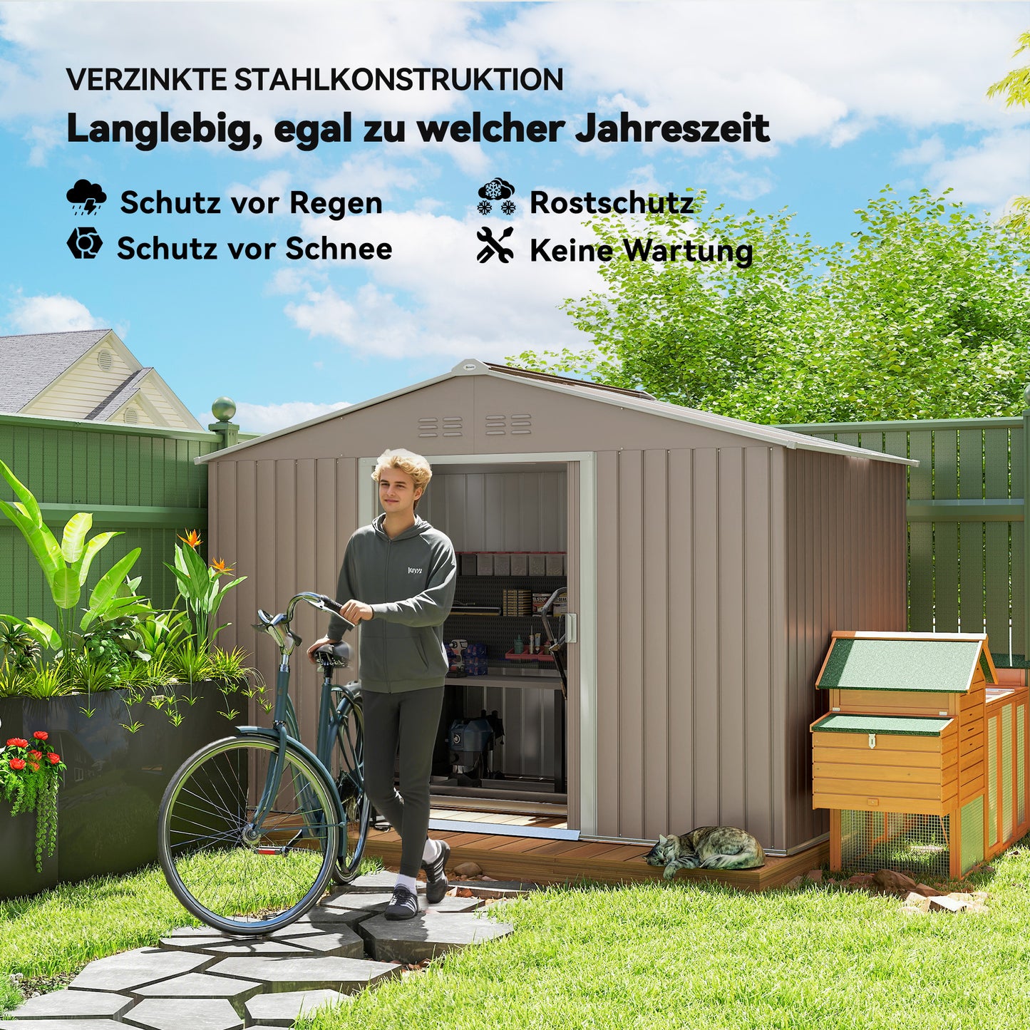 Outsunny Geräteschuppen aus Metall mit Schiebetüren und Belüftungsfenstern, 277 x 195 x 192 cm, Hellgrau