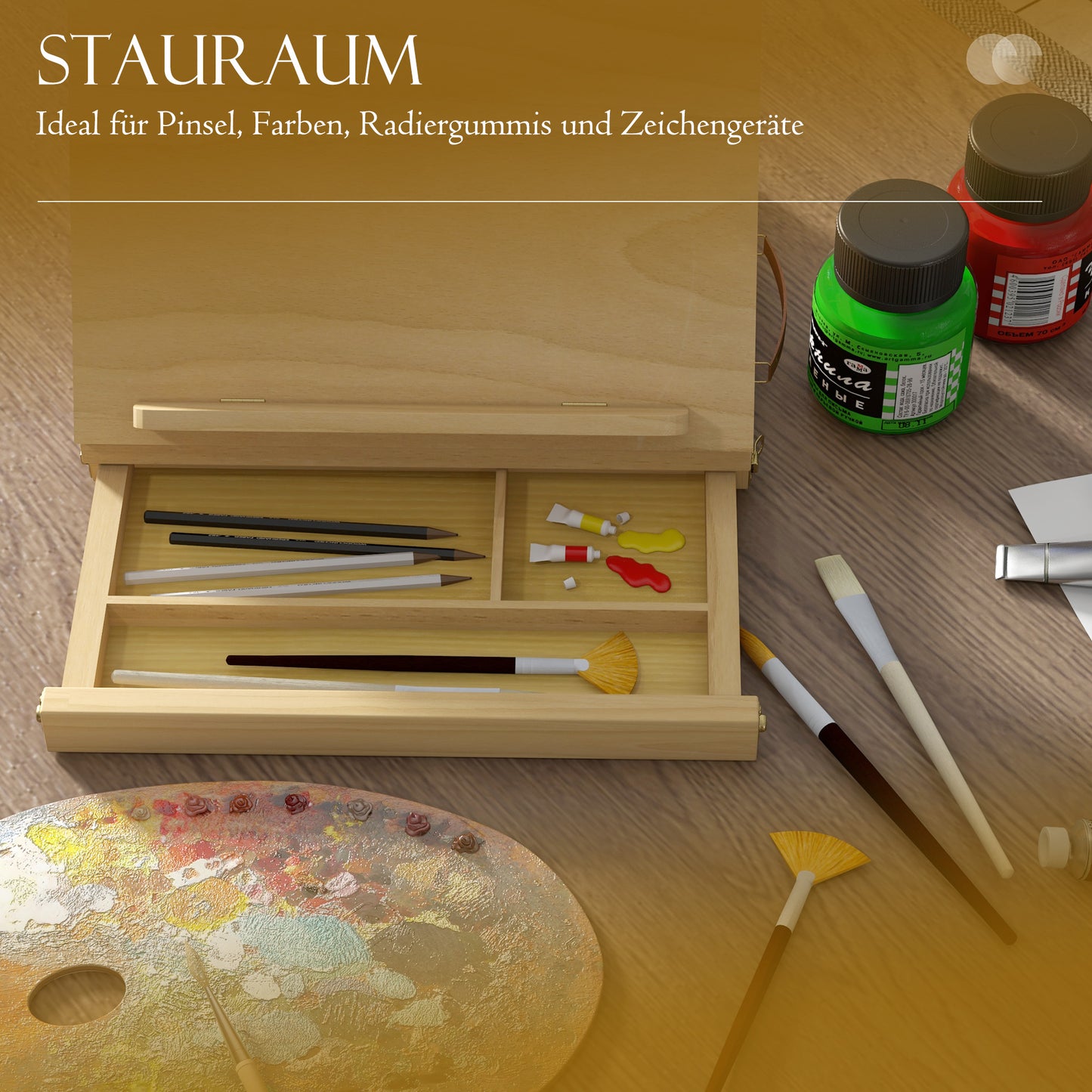 Vinsetto Tischstaffelei, kleine Staffelei, 1 Schublade, 3 Fächer, Massivholz, Natur