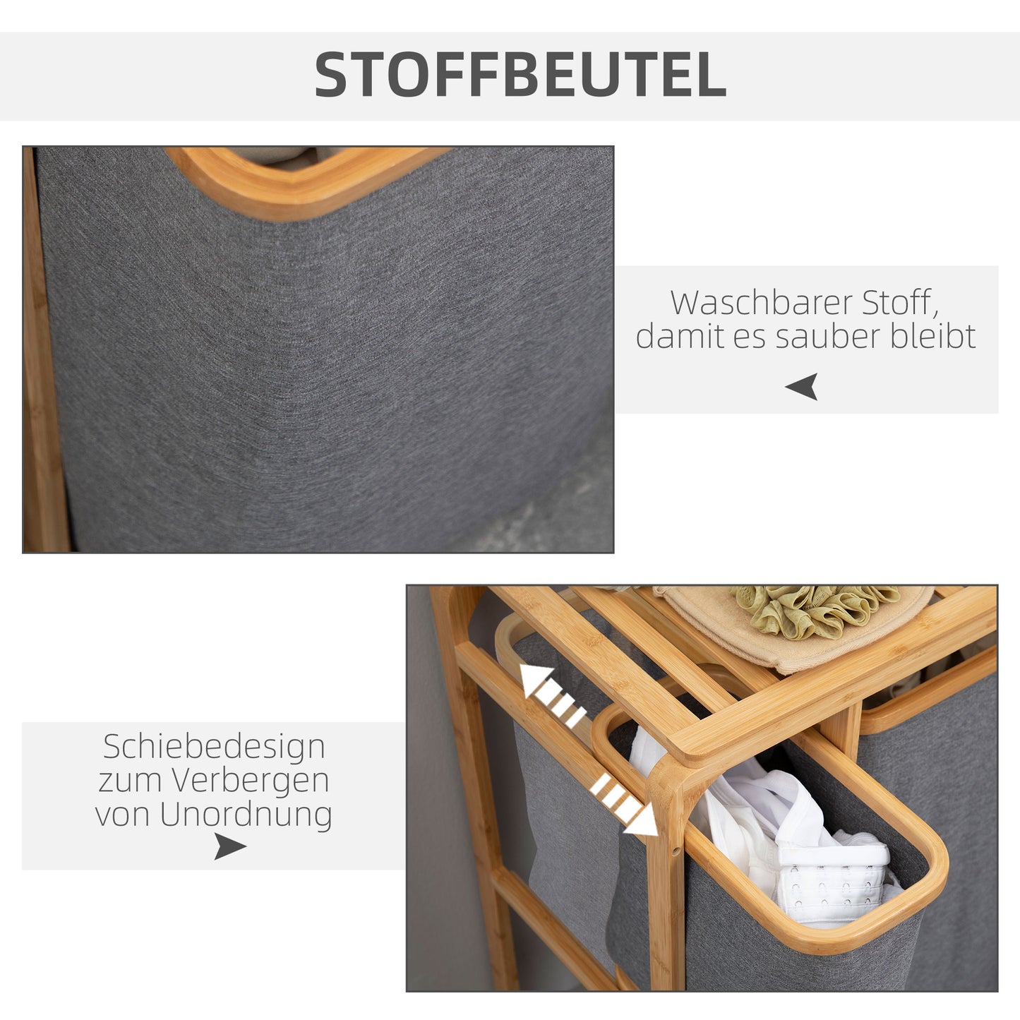 HOMCOM Wäschekorb aus Bambus , 3 abnehmbare Körbe 50 cm x 32 cm x 69,7 cm Natur Grau