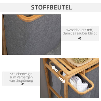 HOMCOM Wäschekorb aus Bambus , 3 abnehmbare Körbe 50 cm x 32 cm x 69,7 cm Natur Grau