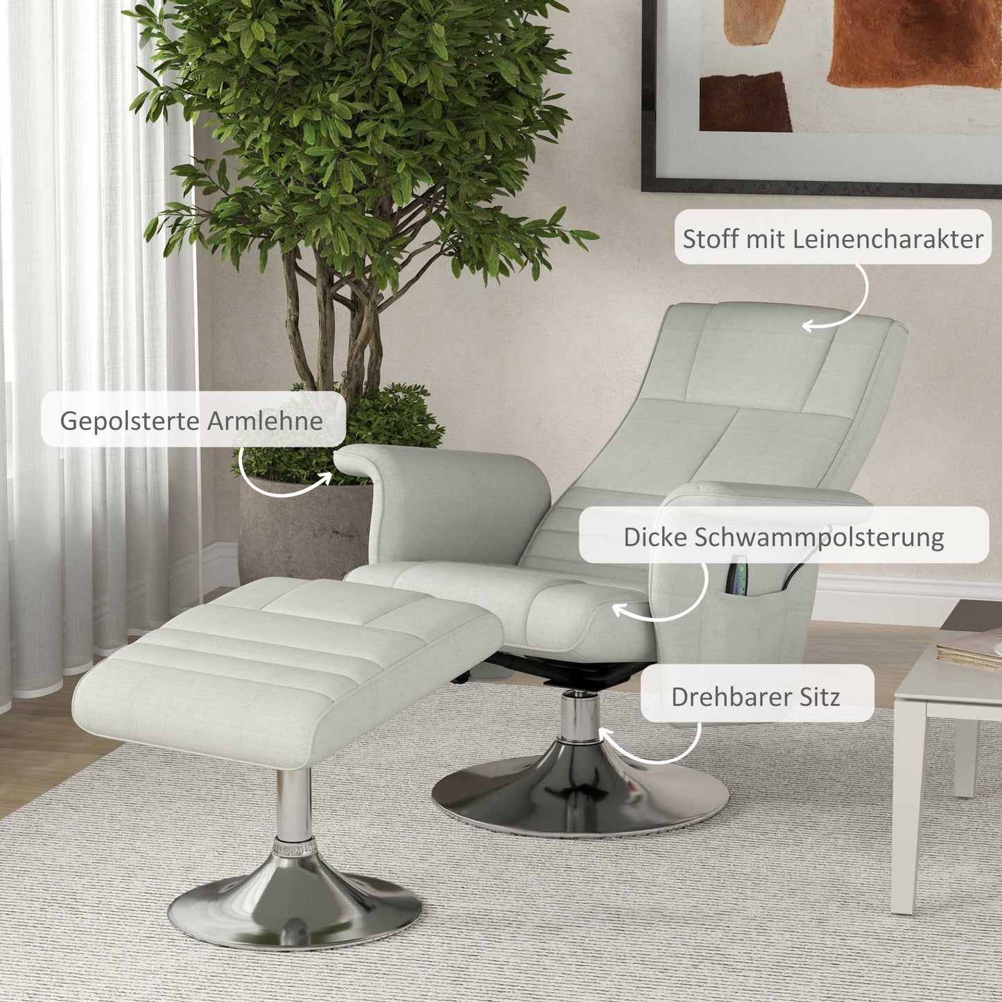 HOMCOM Massagesessel mit Hocker, neigbare Lehne, 78 x 95 x 88 cm, Creme