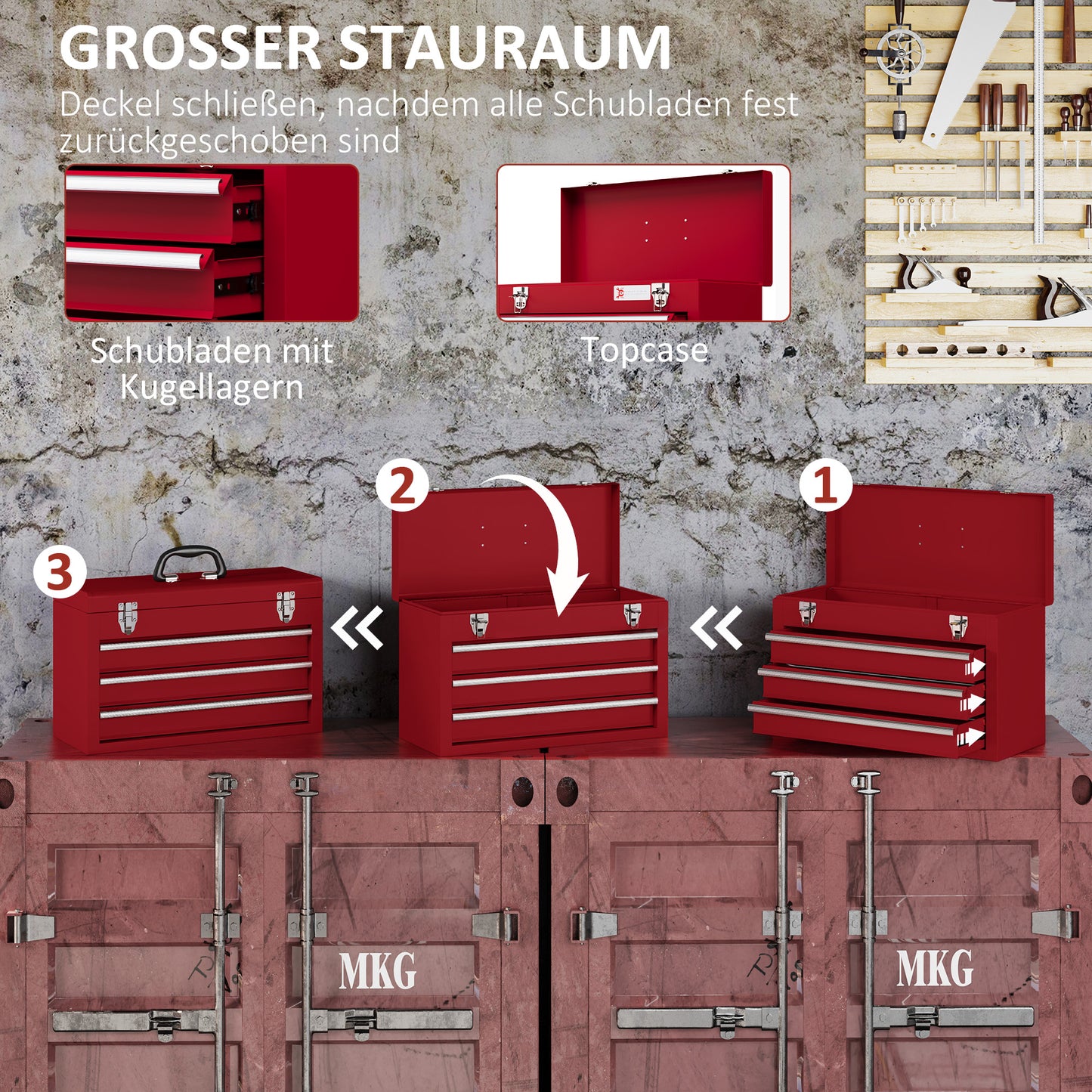 DURHAND Werkzeugkiste mit 3 Schubladen, oberes Staufach, Stahlverschlüsse, Tragegriff, 51x22x32 cm, Rot