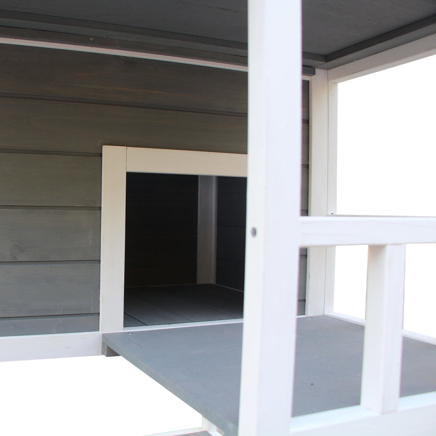 PawHut Katzenhaus, Tannenholz, Katzenhütte für draußen mit Terrasse, Katzenhöhle, 4 Etagen, Katzenvilla mit Treppe, Asphaltdach, Winterfest, Kleintierhaus, Grau, 75,5 x 75 x 137 cm