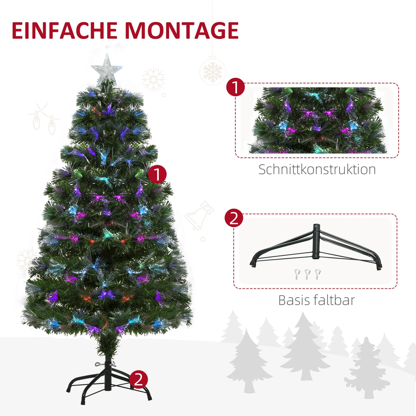 HOMCOM Weichnachtsbaum künslicher Weihnachtsbaum Christbaum, LED-Lichter, Sternspitze, 66 cm x 66 cm x 120 cm, Grün