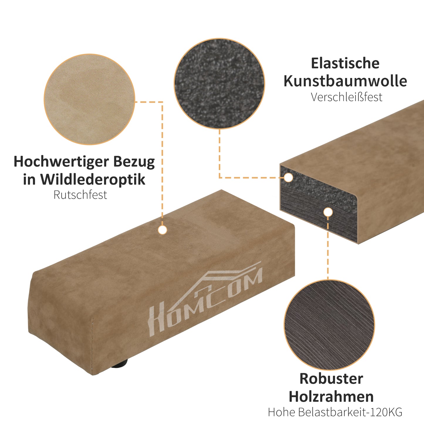 HOMCOM Faltbarer Schwebebalken, rutschfest, Wildlederbezug, robustes Holz, 210 x 10 x 6,5 cm, Braun