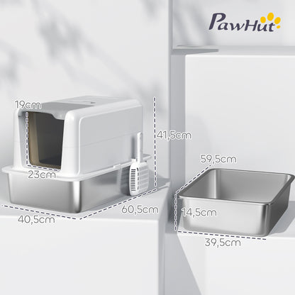 PawHut Katzentoilette, Wanne aus Edelstahl, Filter, Schaufel, für Katzen bis 6 kg, 40,5 x 60,5 x 41,5 cm, Weiß/Silber