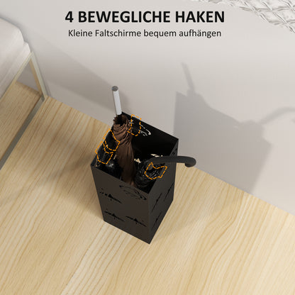 HOMCOM Schirmständer aus Metall, 4 Haken, Wolken- und Schirmmuster, Tropfblech, Schwarz