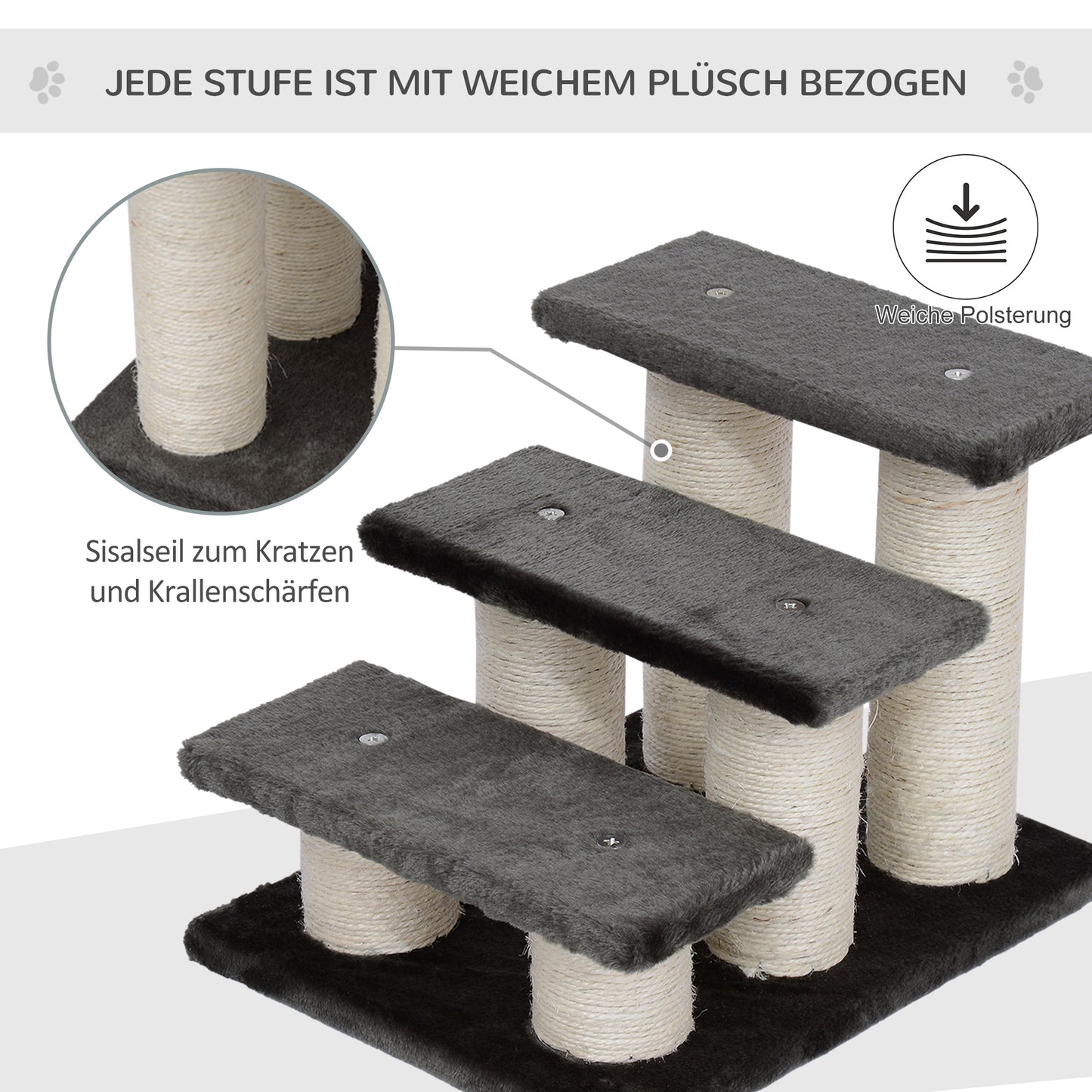PawHut Hundetreppe 3 Stufen 34 cm Hoch Haustiertreppe für Hunde Katze Katzentreppe mit Kratzstamm Hunderampe Einstiegshilfe für Bett, Sofa, Couch Dunkelgrau