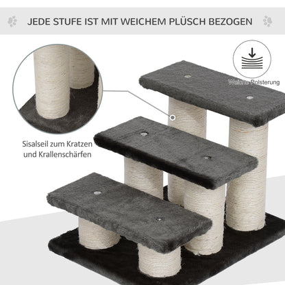 PawHut Hundetreppe 3 Stufen 34 cm Hoch Haustiertreppe für Hunde Katze Katzentreppe mit Kratzstamm Hunderampe Einstiegshilfe für Bett, Sofa, Couch Dunkelgrau