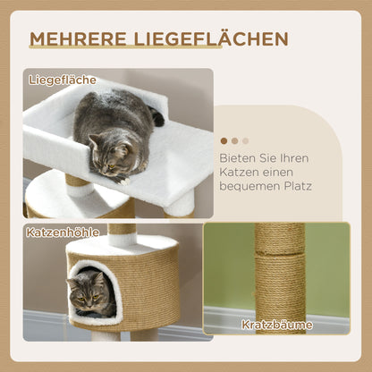 PawHut Kratzbaum Katzenbaum Katzenhöhle, 1 Katzenhöhle, 1 Liegefläche, 70 cm x 49 cm x 79 cm, Natur + Weiß