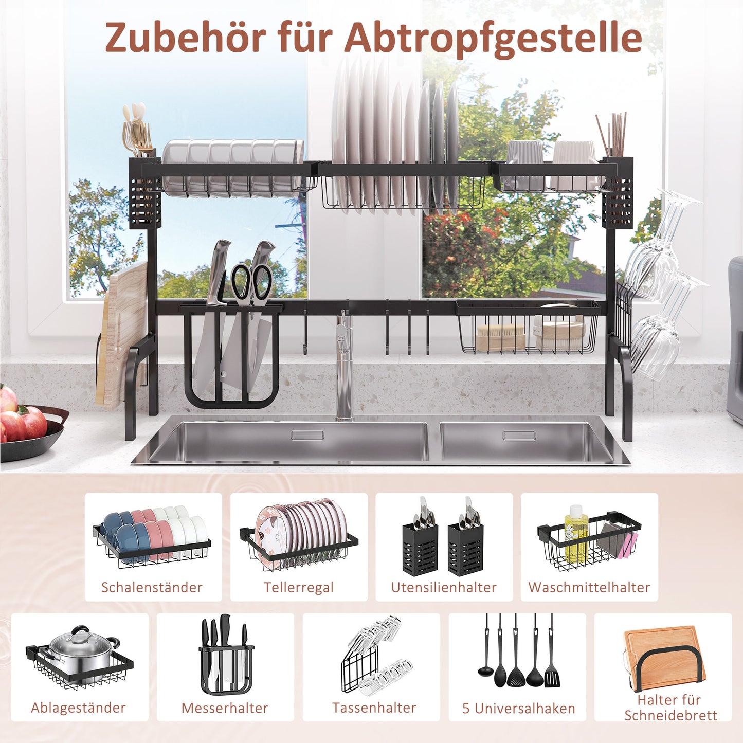 HOMCOM Abtropfgestell Geschirr, 2-stufiges Abtropfständer mit Haken, Tellerregal, Zubehör, 100 cm Stahl, Schwarz