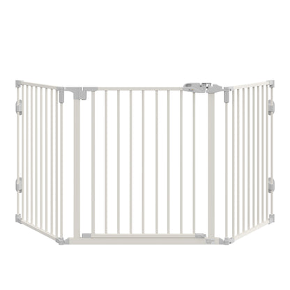 PawHut Hunde Absperrgitter Türschutzgitter Haustierschutzgitter verstellbar klappbar Kamingitter mit automatische schließenden Tür 3 Paneele für Ofen Wandmontage/Freistehend Weiß 202,5 x 76 cm