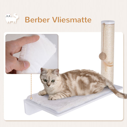 PawHut Kletterwand Katzen, Wandkratzbaum, Katzenliege mit Kratzbaum,53cm Katzenregal mit Ballspielzeug, Plüschauflage, Katzenkratzbaum, Katzensäule, Weiß