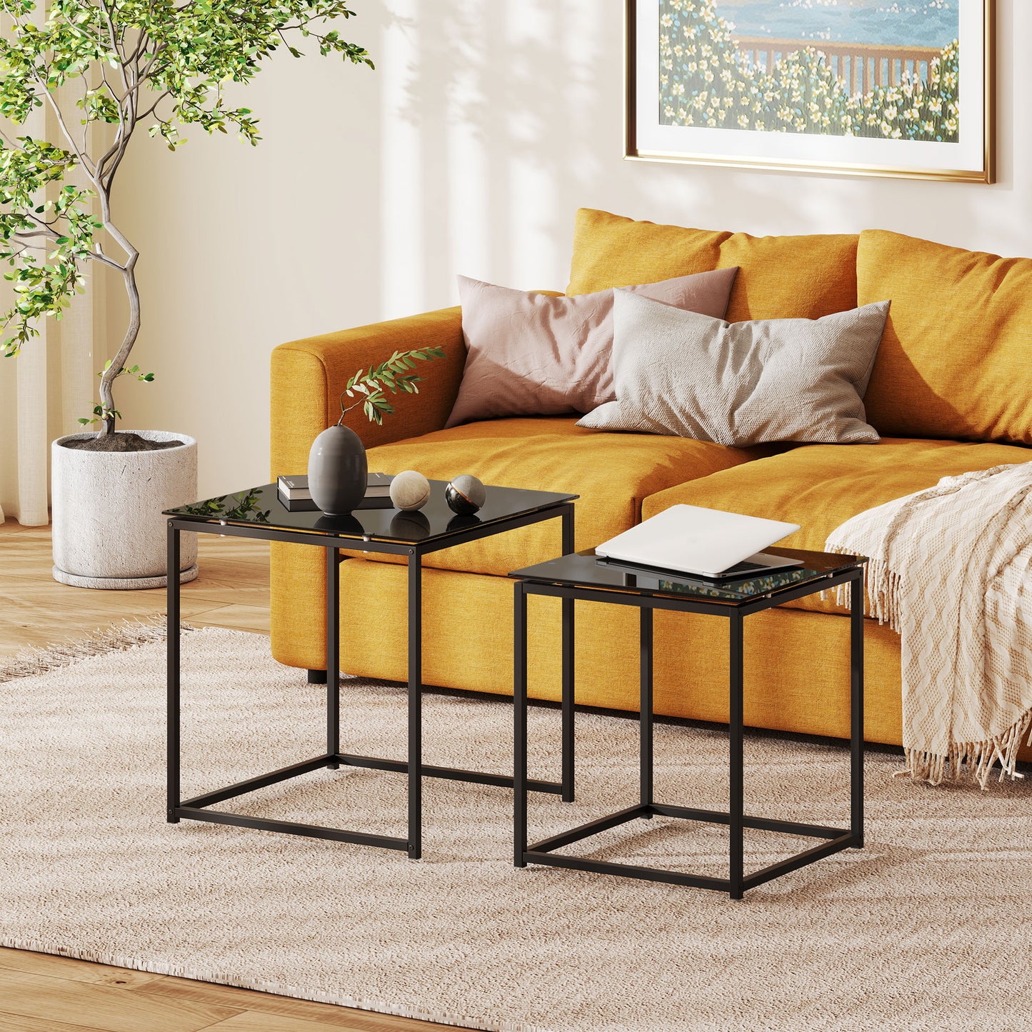 HOMCOM 2er-Set Beistelltische, modernes Design, stapelbar, Glastisch, Schwarz