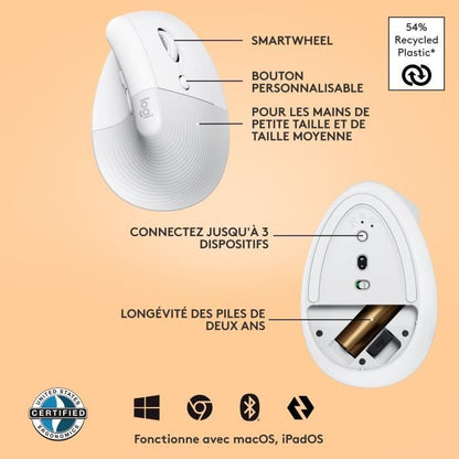 Logitech Lift Ergonomic Vertical Wireless Mouse, Bluetooth or Logi Bolt USB Receiver, Silent - Off-White