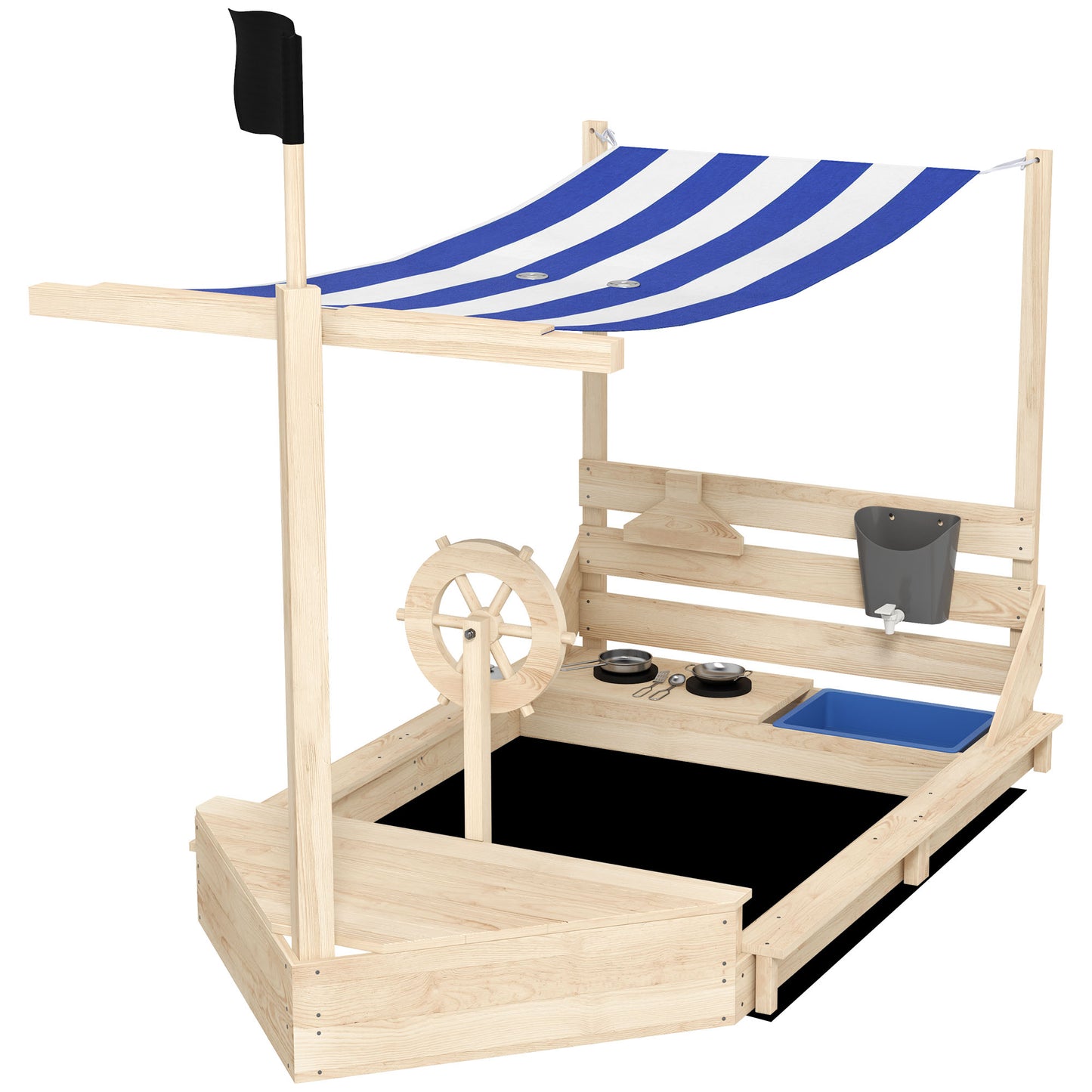 Outsunny Sandkasten mit Sonnendach Piratenschiff, inkl. Kinderküchenspielset, Massivholz, 180 x 103 x 144,5 cm, Natur + Blau
