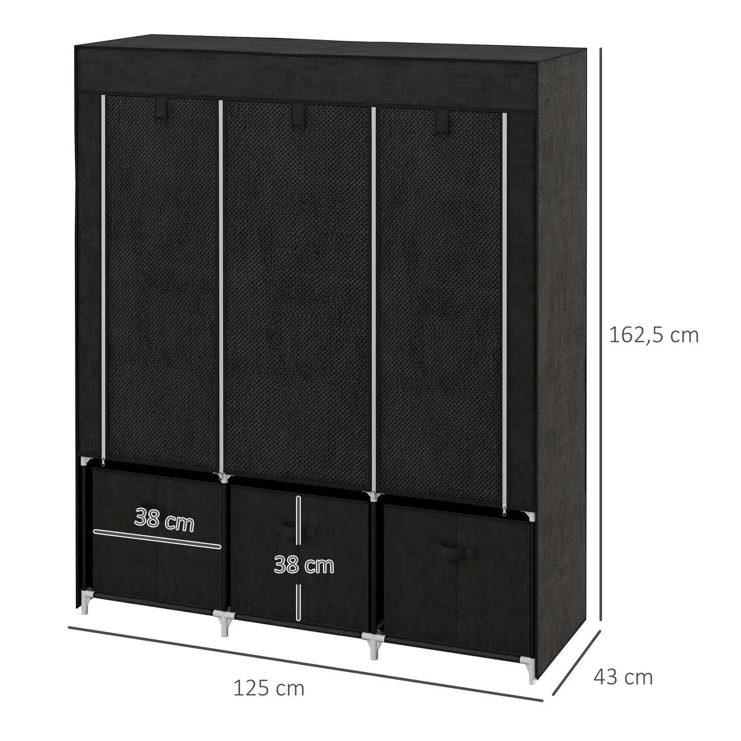 HOMCOM Stoffschrank aus Vlies, Faltschrank, inkl. 3 Schubladen, 125 cm x 43 cm x 162,5 cm, Schwarz