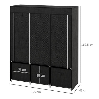 HOMCOM Stoffschrank aus Vlies, Faltschrank, inkl. 3 Schubladen, 125 cm x 43 cm x 162,5 cm, Schwarz