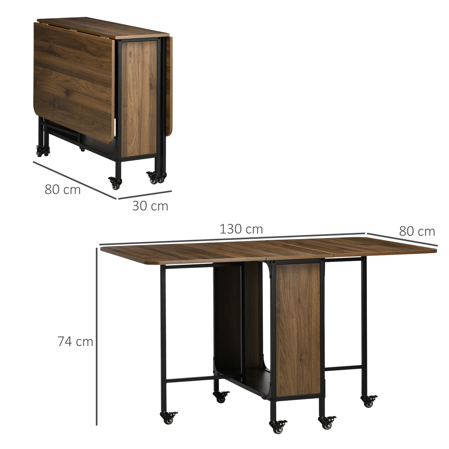 HOMCOM Mobiler Klapptisch Klapptisch, 2 klappbare Flächen, 130 cm x 80 cm x 74 cm, Braun