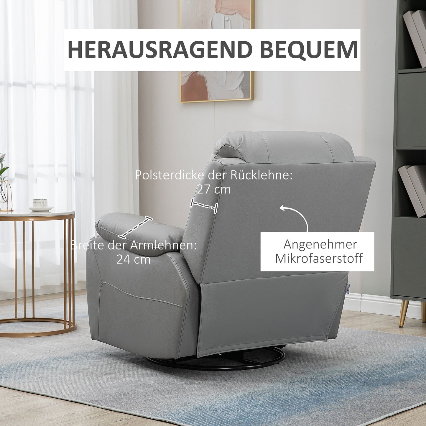 HOMCOM Relaxsessel, Liegesessel, neigbare Rücklehne, drehbar, Wippfunktion, mit Fußstütze, Stahl, grau, 93 x 100 x 98Hcm