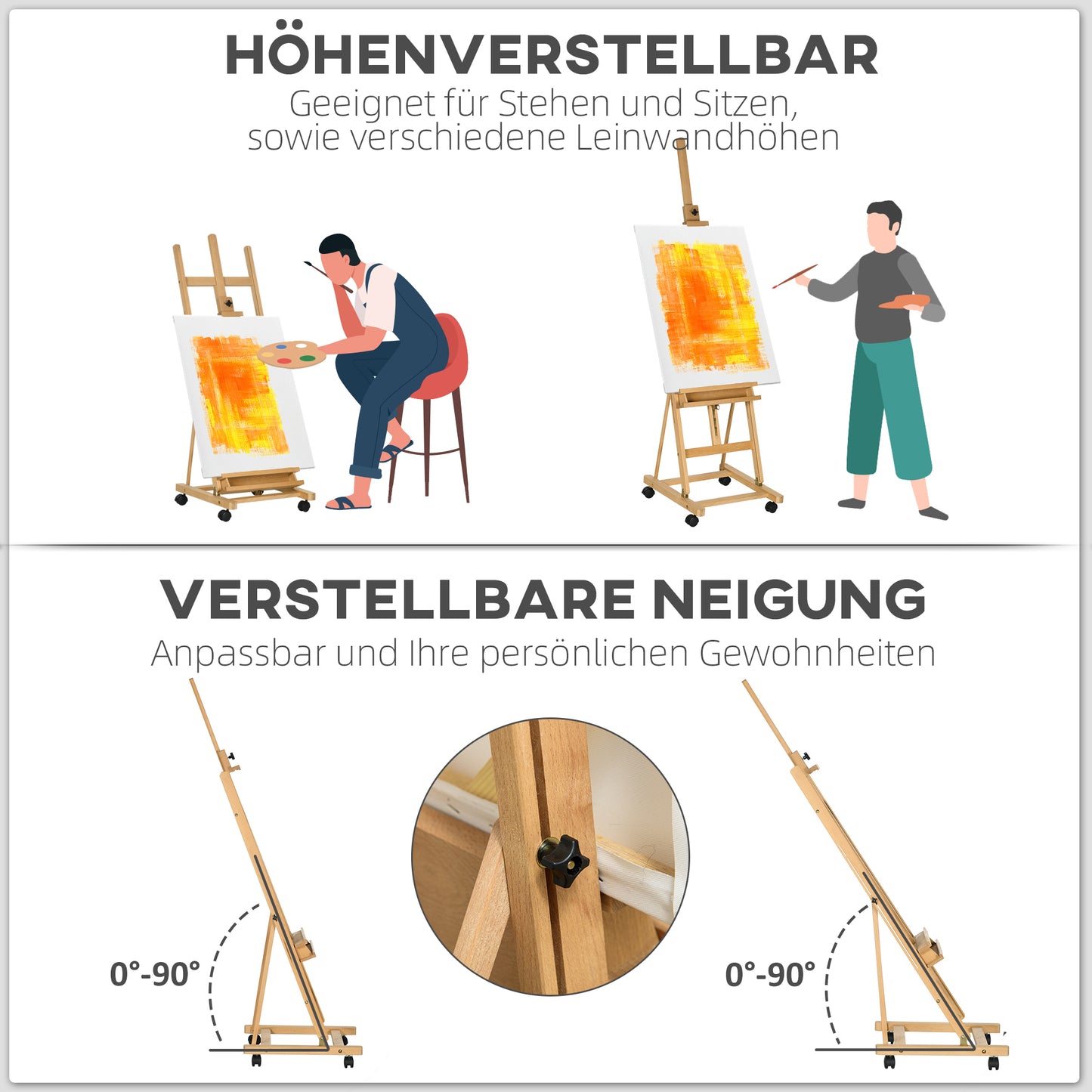 Vinsetto Staffelei, Künstlerstaffelei, Höhenverstellbar, 4 Rollen, Natur + Schwarz