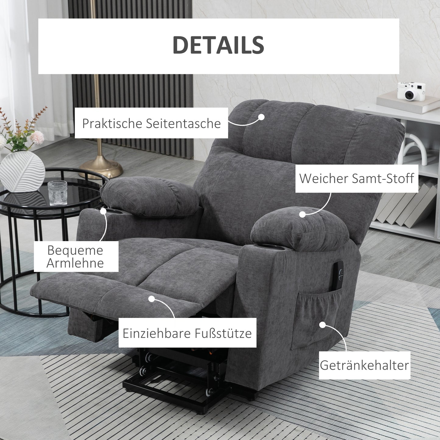 HOMCOM Aufstehhilfe Seniorensessel, Liegefunktion, inkl. Fernbedienung, 144 cm x 91 cm x 88 cm, Dunkelgrau