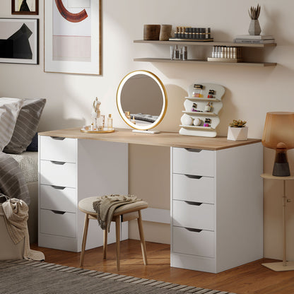 HOMCOM 140 cm Computertisch, 8 Schubladen, Schreibtisch für Homeoffice, Schlafzimmer, Stahl, Holz, Weiß