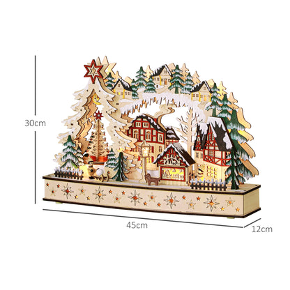 HOMCOM Weihnachtsdorf im Winterwunderland, 20 LED-Lichter, mehrschichtig, Naturholz, 45 x 12 x 30 cm