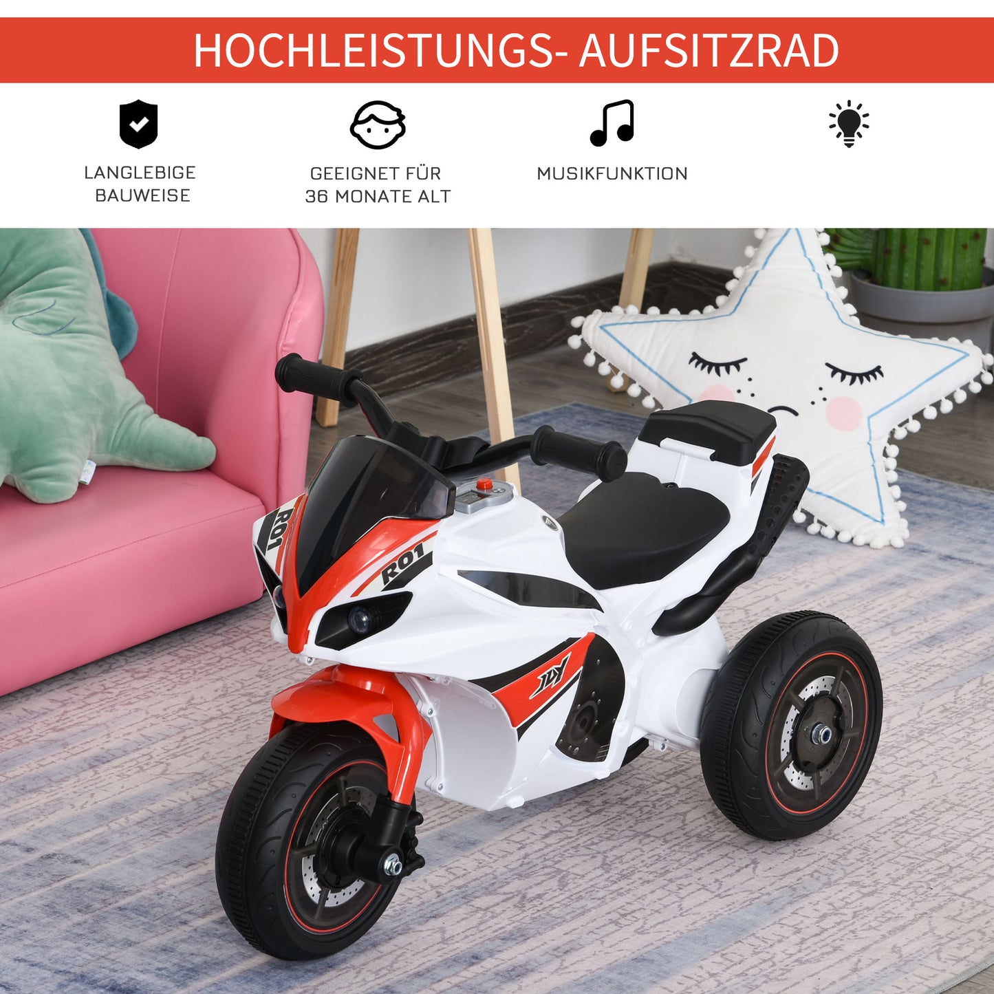 HOMCOM Laufrad, Rutscher, Kindermotorrad, 18-36 Monate, Musik/Licht, bis 20 kg, Weiß/Rot