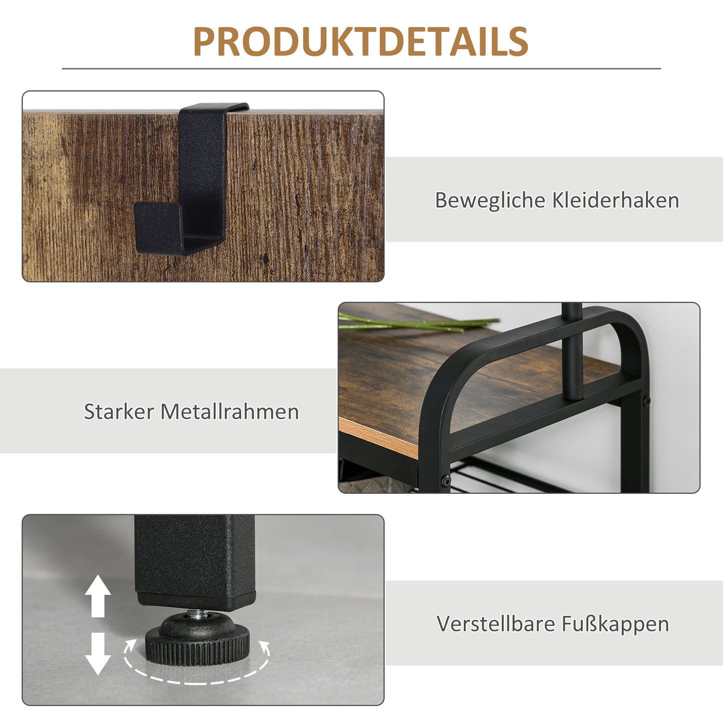 HOMCOM Garderobenständer Schuhregal Kleiderständer mit 8 Haken 2 Ablagen MDF Schwarz 72 x 34 x 185 cm