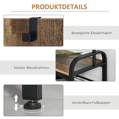 HOMCOM Garderobenständer Schuhregal Kleiderständer mit 8 Haken 2 Ablagen MDF Schwarz 72 x 34 x 185 cm