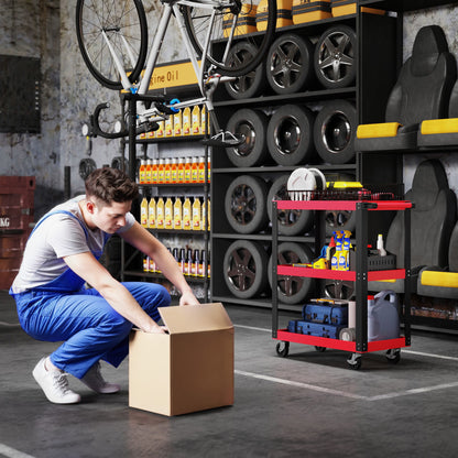 HOMCOM Werkzeugwagen mit 3 Ebenen, Metallrahmen, 120 kg Belastbarkeit, Rollen, Griff, Rot