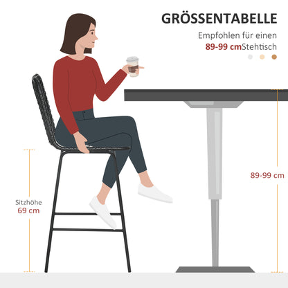 HOMCOM Barhocker, 2er-Set, Rattanoptik, Fußstütze, Stahlrahmen, rutschfest, bis 120 kg, 42,5x52x102 cm, Schwarz