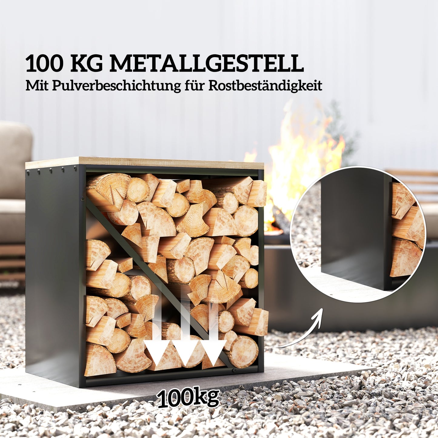 Outsunny 2-in-1 Kaminholzregal für innen 58 x 36 x 60cm erhöhtes Brennholzregal mit Trenner Metall Schwarz