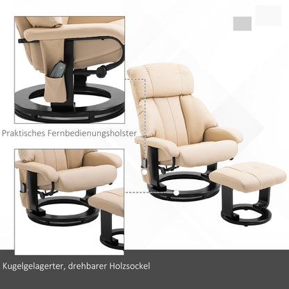 HOMCOM Relaxsessel mit Hocker, drehbarer Fernsehsessel mit Massagefunktion, Liegefunktion, Massagesessel mit Fernbedienung, Seitentasche, Ruhesessel aus Kunstleder für Wohnzimmer Cremeweiß
