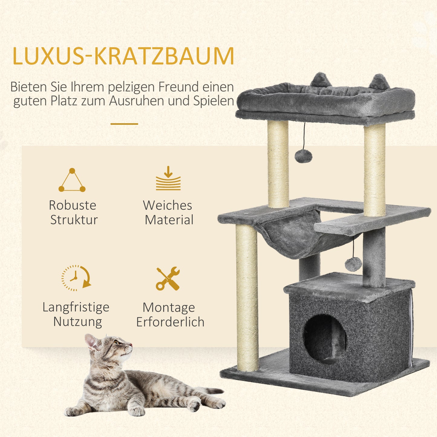 PawHut Katzenbaum 90 cm Kratzbaum mit Hängematte Spielbaum Katzenhöhle Plattformen Kletterbaum Katzenkratzbaum Aktivitätskratzbäum Plüsch Sisal Grau