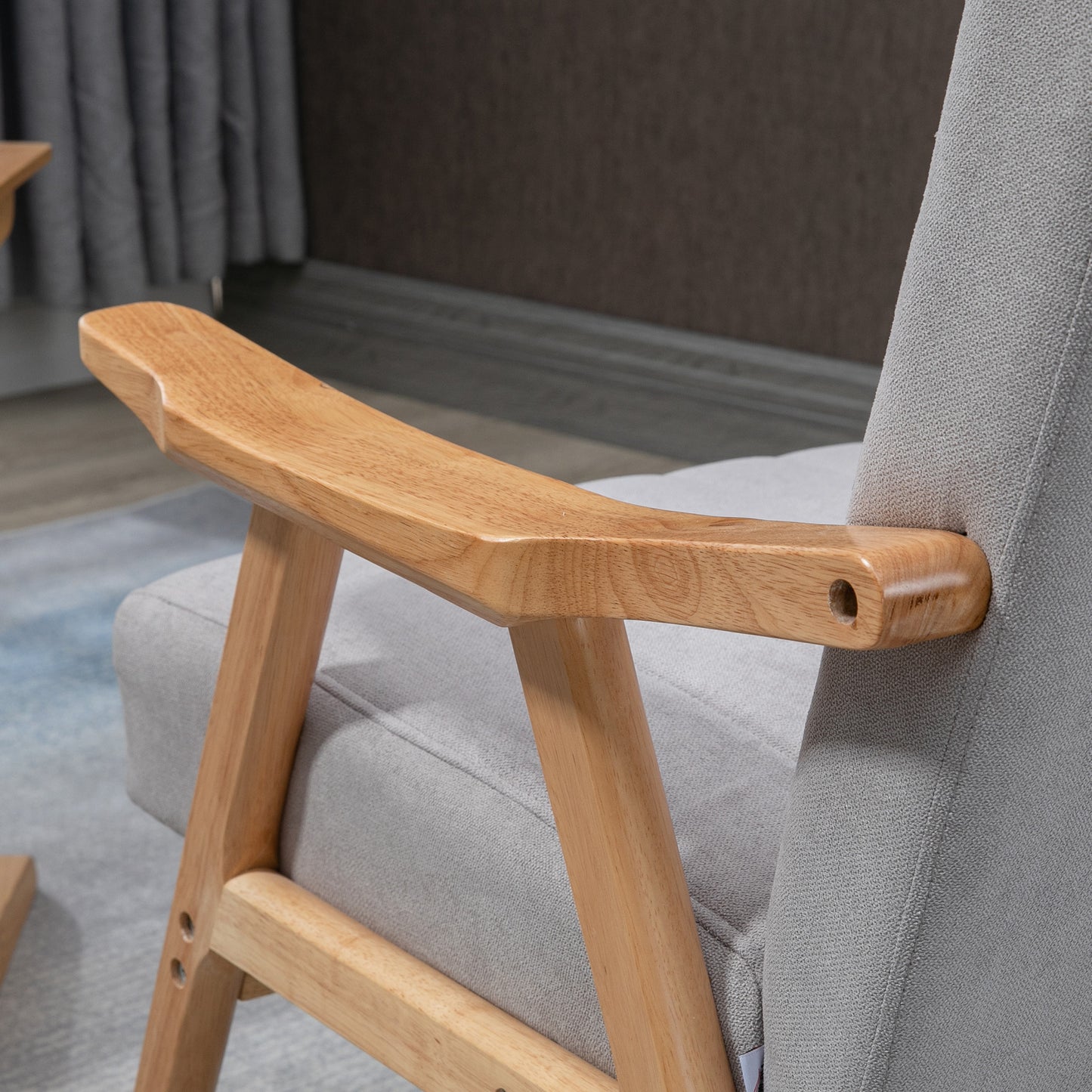 HOMCOM Sessel im Skandi-Design, bis 120 kg, Samtoptik, Massivholz; 68 cm x 74 cm x 82 cm, Natur + Grau