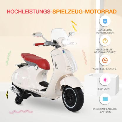 HOMCOM Kinder Elektro-Motorrad, 6V Kindermotorrad mit Scheinwerfer, Musik, Vor- und Rückwärtsgang, Trainingsräder, 30 kg belastbar, Elektromotorrad für 3-6 Jahre Kinder, Weiß
