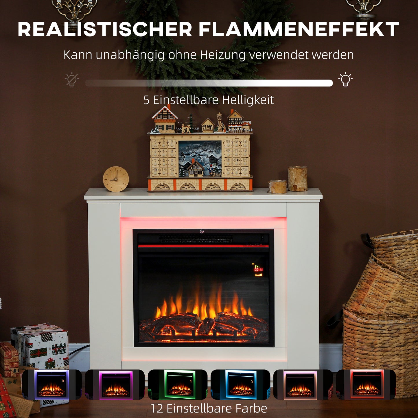HOMCOM Elektrischer Kamin, realistische Flammen mit 12 Farben, 5 Helligkeitsstufen, Fernbedienung, Timer, Schwarz